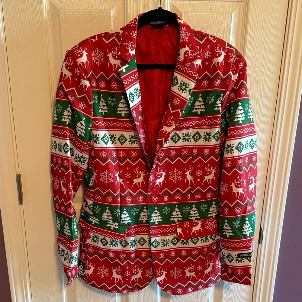 Suitmeister slim fit Nordic Christmas red green blazer tree reindeer holiday